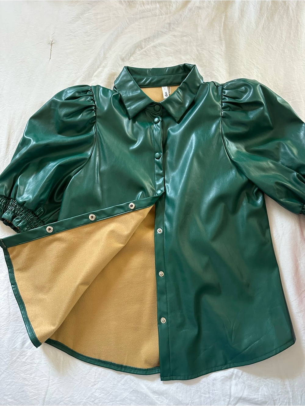 glam Emerald Green Puff Sleeve Button-Down Shirt - Picture 2 of 4